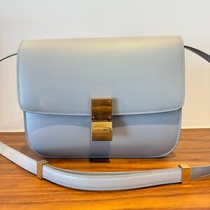 CelineBox Calfskin Medium Classic Box Flap Bag Pale Blue and Gold